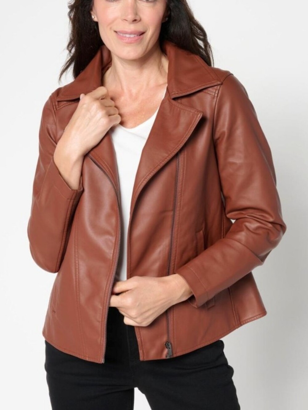 Nina Leonard Cognac Faux Leather Moto Jacket Cappuchino S